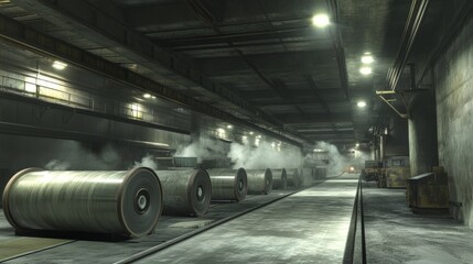 Underground Steel Refinery: Massive Rollers Flattening Metal under Blinding Lights, Steam. .