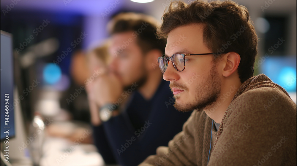 Poster innovative programmers brainstorming in a modern office