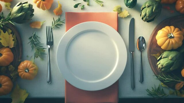 Autumnal Thanksgiving table setting with empty plate, pumpkins, artichokes, and fall foliage