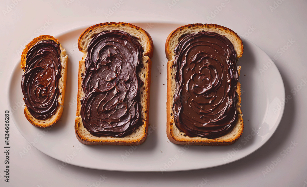 Aufkleber Three slices of bread with chocolate spread on them. The bread slices are arranged in a triangular pattern on a white plate