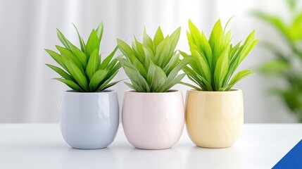 Three potted green plants in pastel-colored pots arranged neatly on a white surface, soft focus background with blurred green foliage, and indoor decor concept.