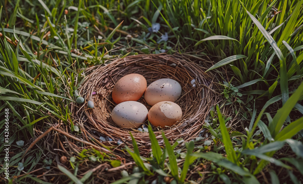Poster Nest of four eggs sits in the grass. The eggs are white and appear to be freshly laid. The nest is small and made of twigs and grass. The scene is peaceful and serene