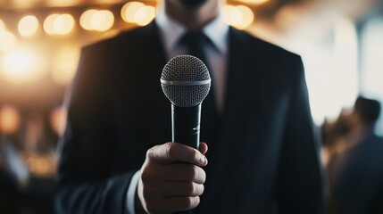 Businessman Holding Microphone Public Speaking Conference Presentation Professional Speaker Event Corporate Meeting Modern Businessman Elegant Suit Close Up Image High Quality Image hand talk audio   