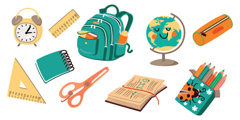 Fototapeta premium Back to school cartoon set with globe, backpack, notebook or textbook, ruler, triangle, pencil case, scissors, colored pencils, alarm clock. Vector designs on white background. Flat color illustration