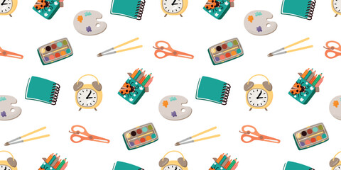 Back to school seamless pattern with paints, pencils, palette, brushes, notepad, scissors, alarm clock. Cartoon background for printing on fabric and paper. Vector design for textile, wallpaper.
