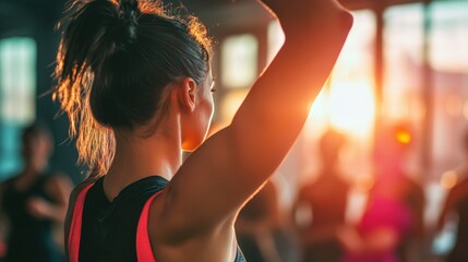 Naklejka premium Woman raising her arm in a well lit exercise environment