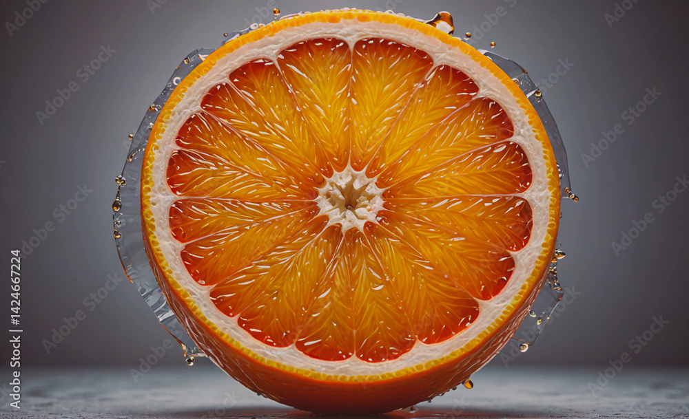 Poster Close up of a slice of orange with a drop of water on it. The orange is cut in half and the water droplet is on the top of the slice