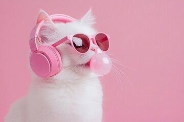 A white cat wearing pink headphones and sunglasses, blowing a bubble gum bubble, against a pink background.
