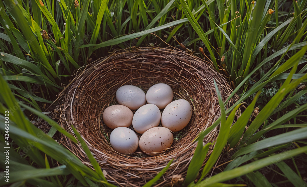 Aufkleber Nest of eggs is sitting in a grassy area. The eggs are white and appear to be fragile. The nest is surrounded by tall grass, which gives the scene a peaceful and natural feel