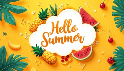 Bright summer composition with fruits, tropical leaves, and "Hello Summer" text on yellow background copy space
