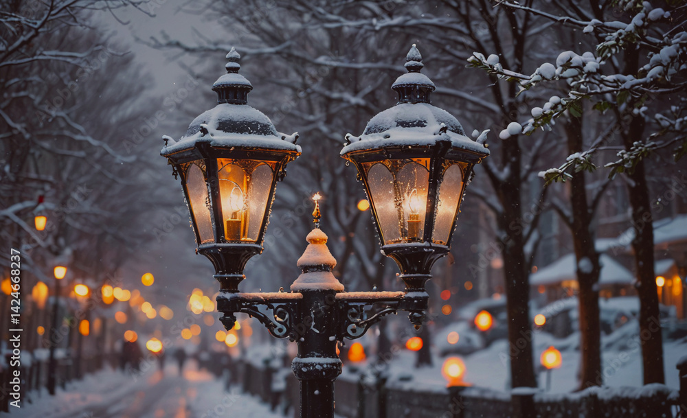 Aufkleber street lamp with snow on it is lit up in the snow. the street is lit up with lights and people are w
