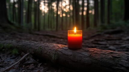 Burning candle on log in forest at dusk