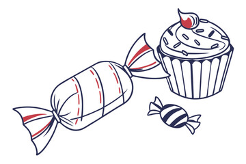 Sweet Candy and Muffin Line Art Drawing