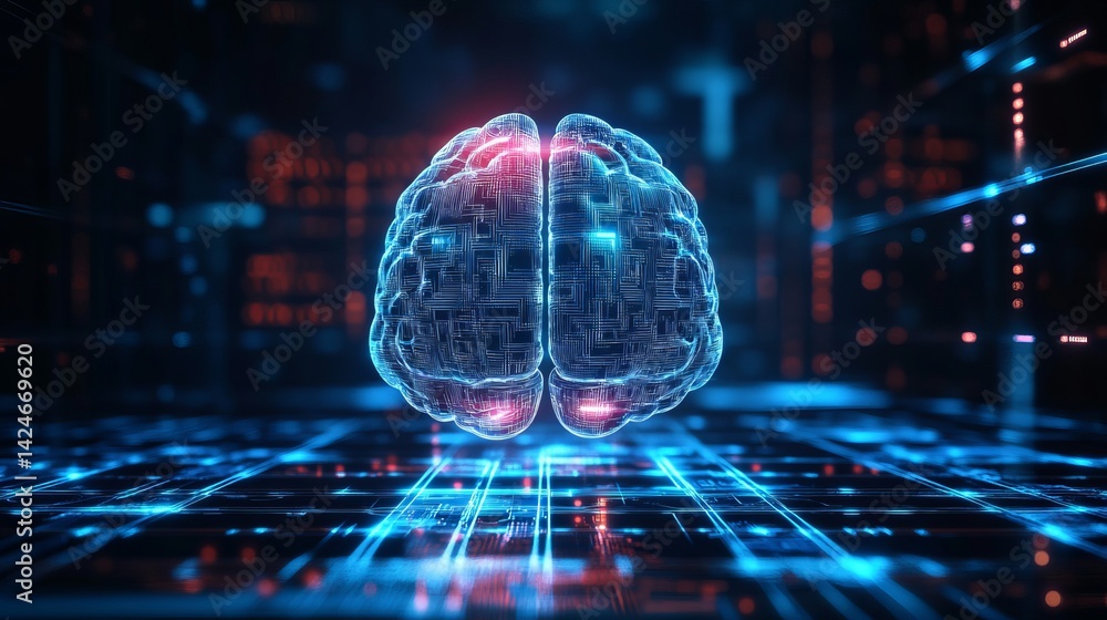 Poster abstract digital brain neural network technology concept data blue grid mind cyber lines wires futur