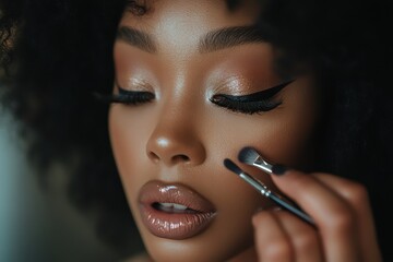 Close-up of a woman applying mascara with a precise brush in a well-lit setting, showcasing radiant skin and expertly styled eye makeup