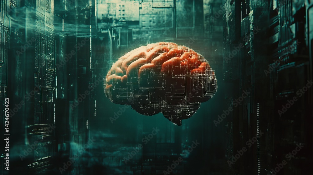 Aufkleber abstract digital brain artificial intelligence network technology concept 3d red data mind dark gree