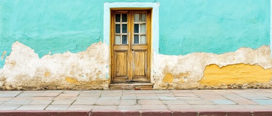 Rustic Charm: Weathered Wooden Door on a Teal Wall