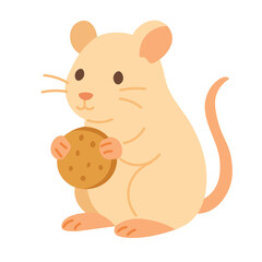 Adorable beige mouse holding a cookie. Flat cartoon vector clipart, isolated on white background.