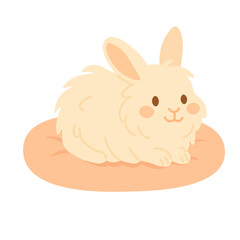 Adorable fluffy rabbit resting on soft pillow. Flat cartoon vector clipart, isolated on white background.