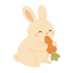 Adorable cartoon bunny eating carrot happily. Flat vector clipart, isolated on white background.