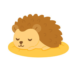 Adorable cartoon hedgehog sleeping on soft yellow pillow. Flat vector clipart, isolated on white background.