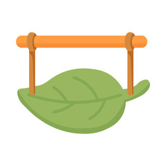 Adorable pet swing made from a green leaf. Flat cartoon vector clipart, isolated on white background.