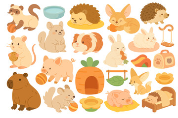 Fototapeta premium Adorable collection of exotic and domestic pets with accessories. Flat cartoon vector clipart, isolated on white background.
