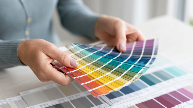 Woman's hands holding vibrant color swatches, examining a variety of hues and shades for an exciting design project