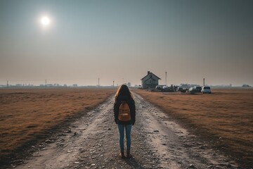 Woman Walks Country Road, Distant House