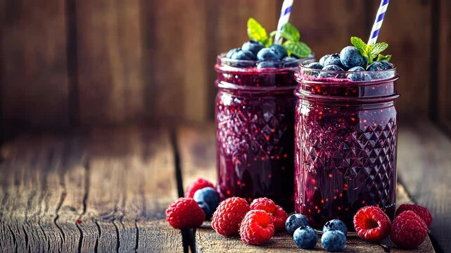 Fresh blueberry smoothie in mason jars.  Ripe raspberries and blueberries garnish