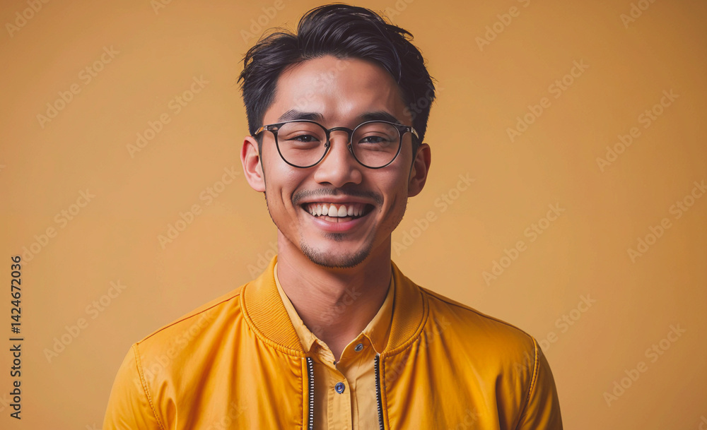 Poster Man with glasses is smiling and wearing a yellow jacket. Concept of warmth and happiness, as the man's smile and the bright color of his jacket create a positive and inviting atmosphere
