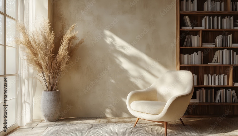Poster cozy modern lounge chair positioned near window with greenery and bookshelf in a stylishly decorated