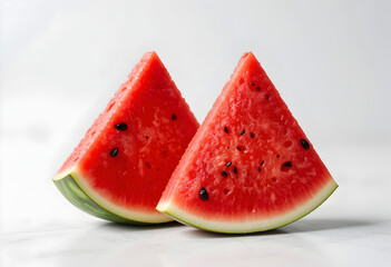 Close-up of two fresh watermelon slices with seeds, isolated on a clean white background,Sliced watermelon with black seeds, on a white background,pieces of watermelon on a white background.