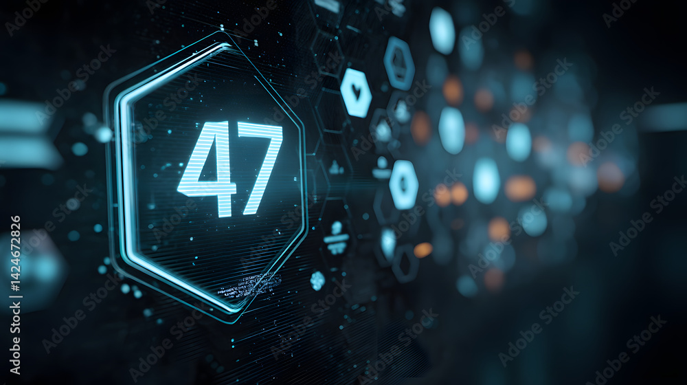 Poster futuristic digital interface displaying the number 47, surrounded by glowing hexagonal patterns in b