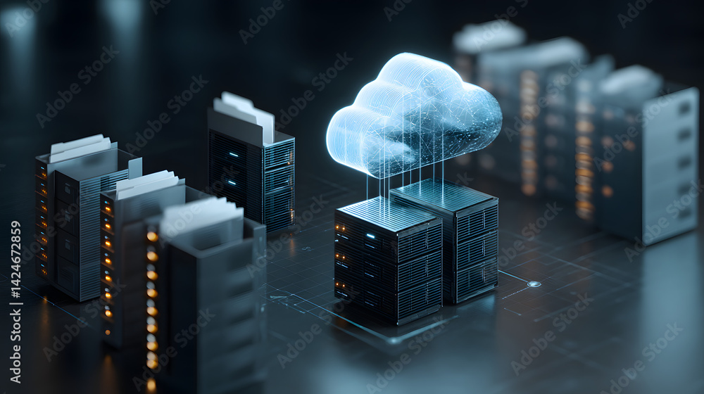Poster a futuristic representation of cloud computing with glowing servers and floating data clouds, symbol