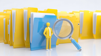 A yellow folder and a blue folder with a miniature figure and a magnifying glass, representing organization and search.