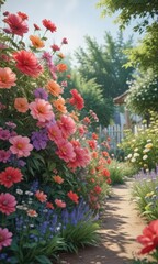 Vibrant watercolor blooms, lush petals, garden scene,  roses,  petals