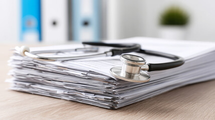 Medical stethoscope resting on organized patient charts, representing healthcare documentation and clinical record management
