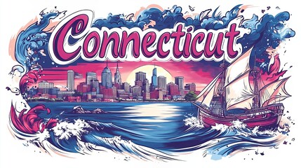 A vibrant, artistic depiction of a coastal cityscape.City skyline with tall buildings, a bridge, and sailboats on the water, dynamic waves and splashes of water, with the word "Connecticut" .