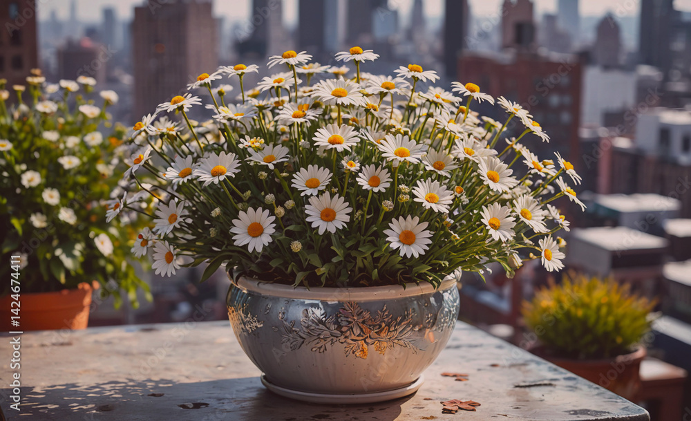 Aufkleber large bouquet of white daisies in a silver bowl sits on a table. the flowers are arranged in a way t