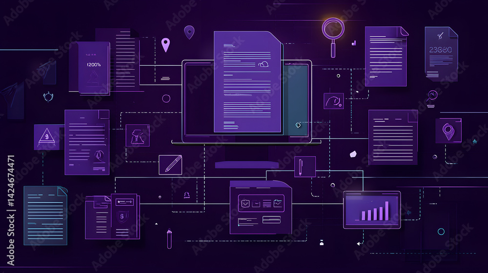 Aufkleber digital concept of data analysis and document management in a modern workspace.