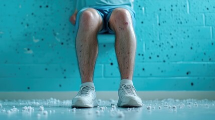 Injured man sits on a toilet