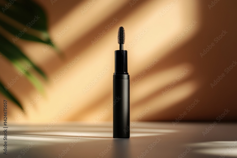 Poster close-up of a mascara tube standing upright on a white surface, illuminated by sunlight filtering th