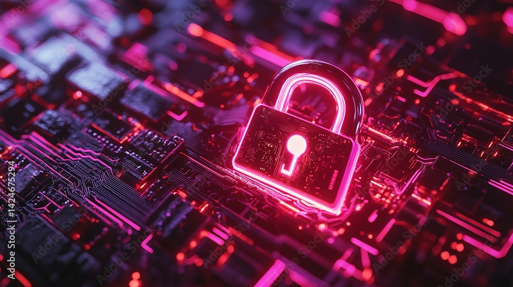 Poster cybersecurity digital lock neon glowing padlock on circuit board abstract technology background pink