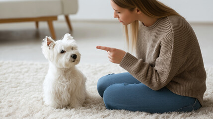 Young woman pointing finger at guilty west highland white terrier dog sitting on carpet after making a mess in living room