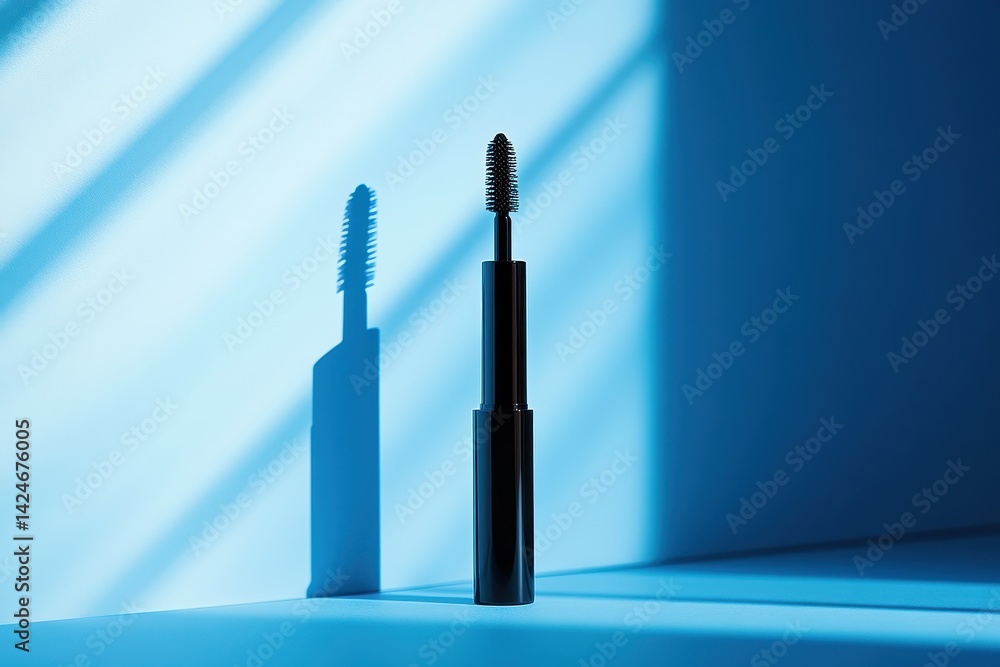 Poster close-up of a mascara tube standing upright on a white surface, illuminated by sunlight filtering th