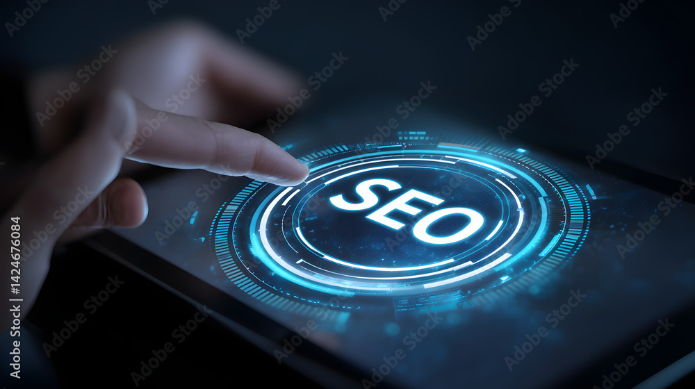 Poster close-up of a hand interacting with a digital screen displaying seo analytics, emphasizing technolog