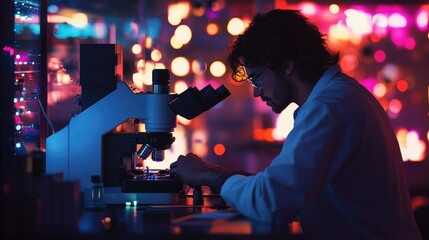 A scientist meticulously examines samples using a high-powered microscope in a vibrant laboratory setting.