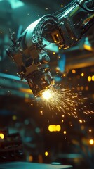 Fototapeta premium Detailed Inspection: Underground Robotic Arms Welding, Sparks Bouncing off Shields. .