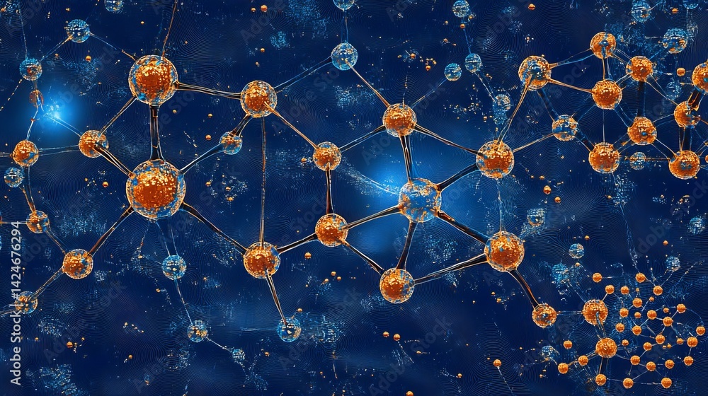 Poster abstract molecular structure network orange blue science technology 3d web data link node mesh atoms